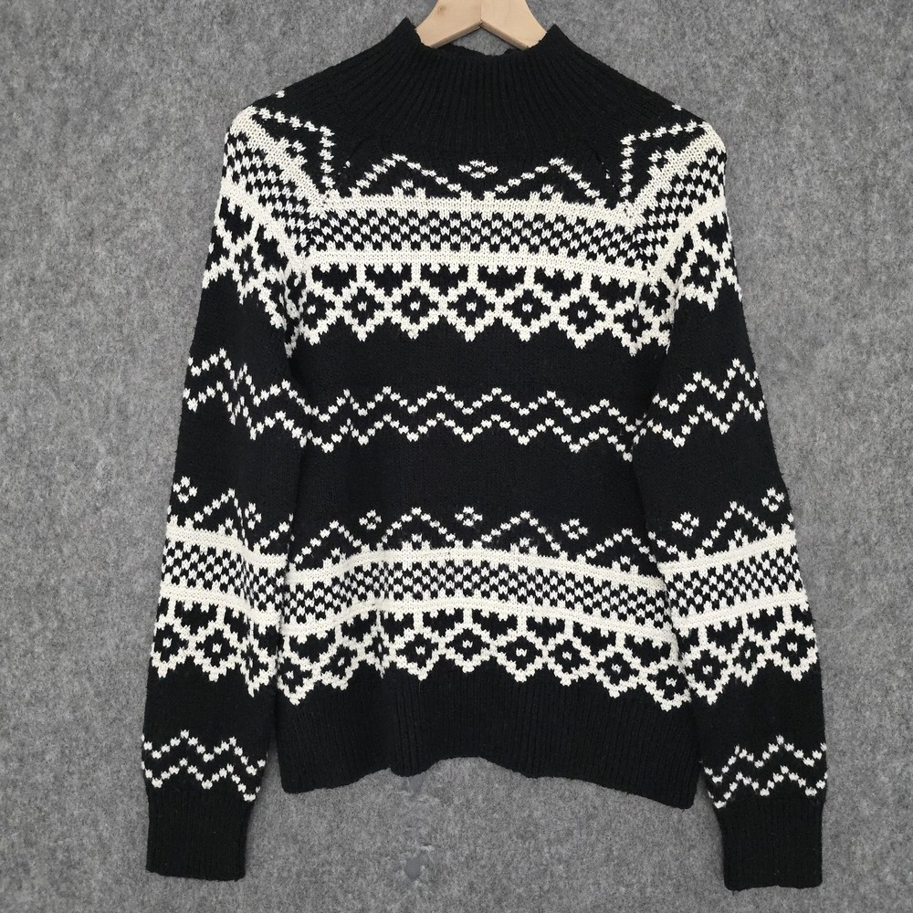 Old Navy Sweater Womens S Black White Fair Isle Mock Neck Chunky Knit Pullover